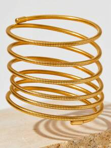 1 Stück Edelstahl Frühling Mehrschicht-Armband, elastischer runder Ringarmreif, einfache und modische Accessoires, geeignet für Frauen zum Tragen im Alltag, im Urlaub und auf Partys. - Gold - Übersicht 5