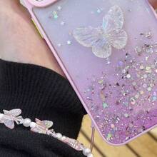 1入組滴膠星空閃粉DIY手機殼適用於蘋果/安卓手機，附蝴蝶裝飾和手帶 - 粉色 - 查看 3