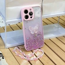 1入組滴膠星空閃粉DIY手機殼適用於蘋果/安卓手機，附蝴蝶裝飾和手帶 - 粉色 - 查看 1
