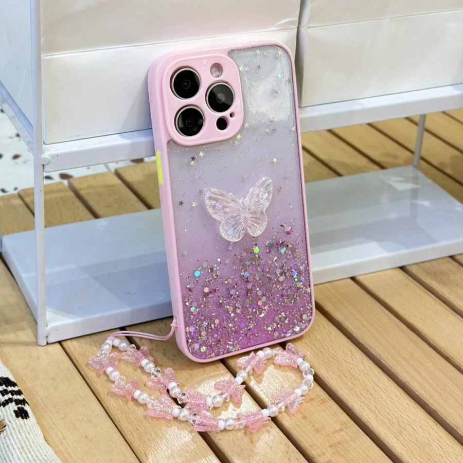 1入組滴膠星空閃粉DIY手機殼適用於蘋果/安卓手機，附蝴蝶裝飾和手帶 - 粉色 - 查看 1