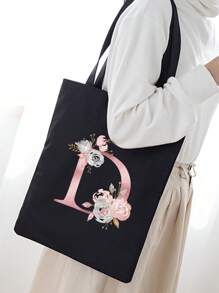 Borsa per la spesa estiva a grande capacità stampata con motivi di lettere, borsa tote casual stampata, zaino alla moda riutilizzabile, borsa multifunzionale, borsa per la spesa in tessuto di tela, borsa tote a stampa di lettere per donne, borsa a tracolla in tela, borsa per la spesa a grande capacità, borsa in tela a motivo semplice e alla moda, borsa per la spesa portatile, borsa a tracolla leggera e multifunzionale