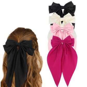 4pcs Bowknot Hair Clips For Girls, Satin Ribbon Long Tail Crocodile Clips Hair Accessories (Black, Beige, Pink, Rose)