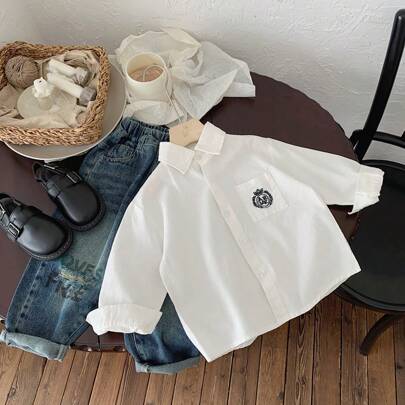 Young Boy Autumn New British Style Long-Sleeved Handsome Casual Solid Color Embroidered Shirt