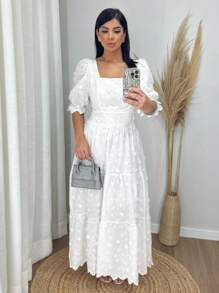 Vestido Longo Luxo  lese bordado  3D manga curto - Branco - Visão 2