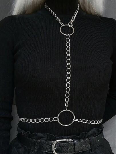 1 pieza Cadena corporal gótica de estilo geométrico plateado para mujer, perfecta para el trayecto diario, arnés, Halloween, verano y escuela