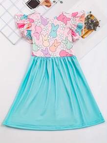 Young Girls' Easter Bunny Printed Color Blocking Dress - Blue - View 2