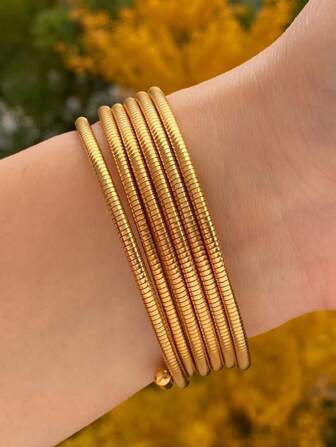 1個不銹鋼彈簧多層手鐲，彈性環形手鐲，時尚簡約，適合女性日常、度假和派對佩戴