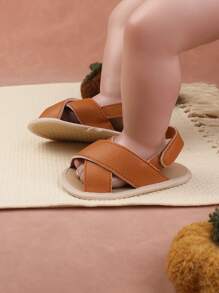 1pair Boys' Solid Color Pu Hook Loop Flat Sandals, Suitable For Spring And Summer