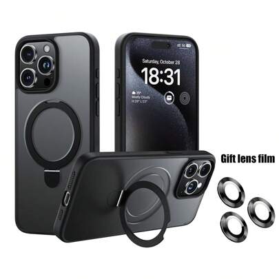 1pc Black Matte Magnetic Pivot Bracket With Alloy Lens Film, PC+Silicone TPU 2-In-1 With Hidden Rotatable Magnetic Metal Foldable Ring Holder, Ultra-Thin Shock-Proof Matte Airbag Anti-Fall Anti-Fingerprint Phone Case Compatible With IPhone 17 Pro/17 Pro Max/17 Air/17/16 Pro/16 Pro Max/16 Plus/16/15 Pro/15 Pro Max/15 Plus/15/14 Pro/14 Pro Max/14 Plus/14/13 Pro/13 Pro Max/12 Pro/12 Pro Max/12/11 Pro Max/11/11 Pro Waterproof Scratch Resistant