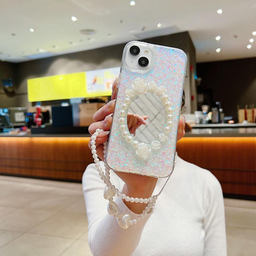 1個加厚防摔手工落膠和激光白色閃粉橢圓形鏡子和玫瑰和珍珠裝飾的女式手機殼,適用於apple,samsung和huawei - 無色 - 查看 1