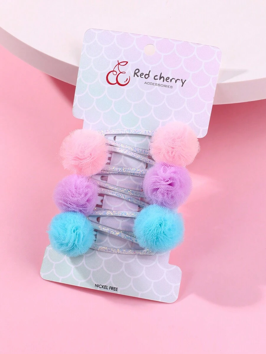 1card/6pcs Cute Painted Mesh Ball Decorated Bb Hair Clip, Suitable For Daily Hair Accessory - Multicolor - View 1