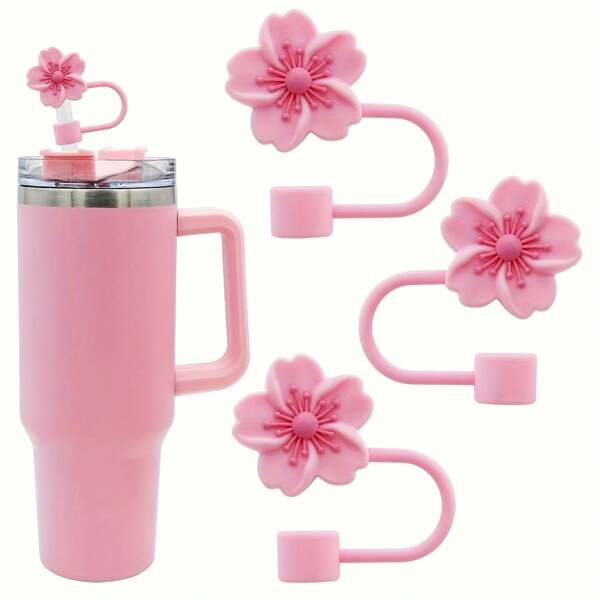 3 pièces Couvre-pailles en forme de fleurs, en matériau de silicone, capuchons de pailles anti-poussière réutilisables, conviennent à la décoration de tous les beaux verres à bec, cadeau de fête des mères