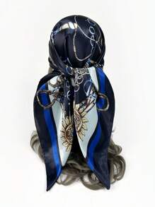 1入女士90cm正方形鏈條印花時尚絲巾，適合日常穿搭，方形絲巾、頭巾、頭巾上半身、波西米亞風頭巾，髮帶，頭帶，理想裝飾你的造型 - 藏蓝色 - 查看 13