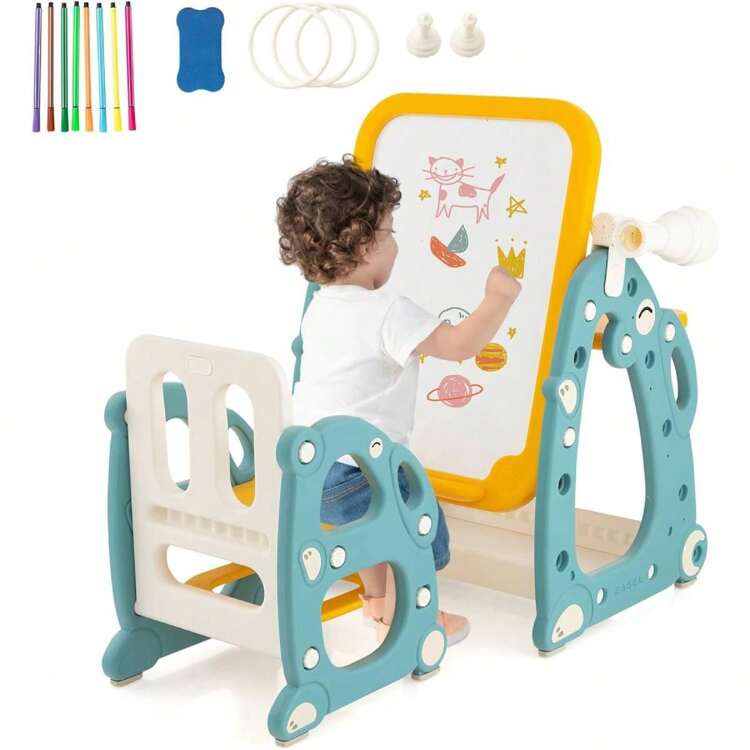 Caballete infantil 4 en 1 con silla, mesa de dibujo con tablero magnético, espacio de almacenamiento, telescopio ajustable y juego de lanzar anillas, tablero infantil de altura ajustable para niños de 1 a 8 años - Azul - Añade 2
