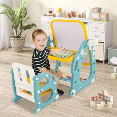 4 i 1 barnstaffli med stol, ritbord med magnetisk ritplatta, förvaringsutrymme, justerbart teleskop & ringkastningsspel, höjdjusterbar barntavla för barn i åldern 1-8 år