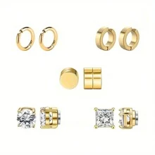 Bộ 10 bông tai đinh tán từ tính bằng thép không gỉ - Khảm, Không xỏ khuyên, Unisex, Thời trang, Hoàn hảo để làm quà tặng - Bạc - Xem 8