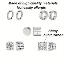 Bộ 10 bông tai đinh tán từ tính bằng thép không gỉ - Khảm, Không xỏ khuyên, Unisex, Thời trang, Hoàn hảo để làm quà tặng - Bạc - Xem 3