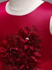 女童无袖纯色圆领3D立体花卉网纱拼接优雅生日派对连衣裙，不含头饰 - 酒紅色 - 查看 6