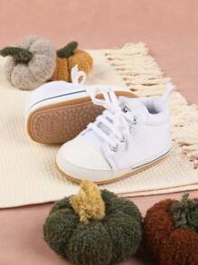 1 Pair Unisex Toddler Canvas Shoes With Lace-Up Design, Suitable For 0-1 Year Old Boys & Girls, Non-Slip Crawling Shoes, Casual Sneakers For Infants, Suitable For Spring, Summer, Autumn And Winter - White - View 2