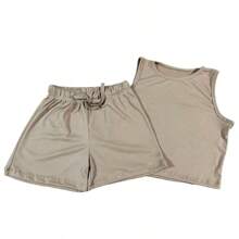 CONJUNTO DAMA SHORT CON BLUSA CROP LICRA  SIN MANGAS VARIOS COLORES CUELLO REDONDO SHORT AJUSTABLE - Caqui - Ver 1