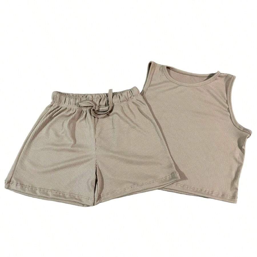 CONJUNTO DAMA SHORT CON BLUSA CROP LICRA  SIN MANGAS VARIOS COLORES CUELLO REDONDO SHORT AJUSTABLE - Caqui - Ver 1