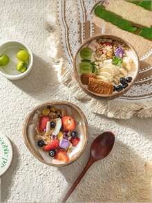 帶匙儲酸奶碗,木製甜點水果沙拉碗,適用於家庭早餐燕麥片,天然椰殼碗 - 棕色 - 查看 2