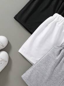 Conjunto De 3 Piezas De Shorts Sólidos Con Cordón Ajustable En La Cintura Para Niños En Transición A La Adolescencia