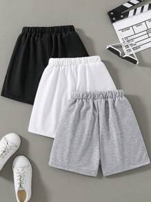 Conjunto De 3 Piezas De Shorts Sólidos Con Cordón Ajustable En La Cintura Para Niños En Transición A La Adolescencia