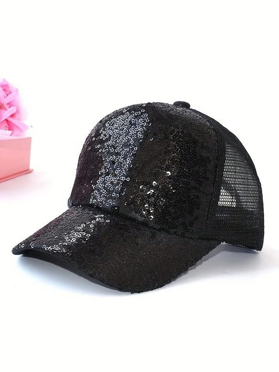 1 件可调节闪亮棒球帽，时尚后扣帽，防晒，春夏季户外休闲使用 - 黑色 - 查看 1