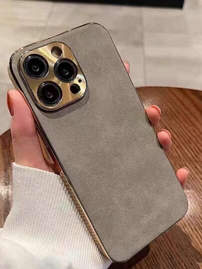 New Business Retro Stick PU Leather Material Compatible With Samsung S22/23/24/25, Compatible With IPhone 11/12/13/14/15/16/17 Pro/Pro Max, High-End Metal Lens Full Coverage Electroplated Phone Case