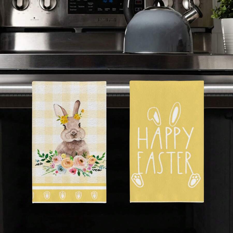 2pcs Easter Themed Kitchen Towels, Soft & Absorbent Dishcloths, Hand Towels, Modern Tea Towels As Gift For Farmhouse Holiday Home Decor - Yellow - View 1