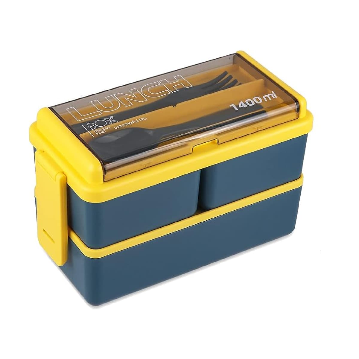 Lunch Box With Innovative, Resistant And Ergonomic Design Food Topper Suitable For Microwave And Dishwasher With 2 Cutlery - Blue - View 1