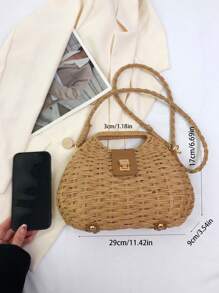 Tropiscape 时尚简约编织贝壳手提包，女士便携旋扣单肩斜挎包，适合度假旅行，藤编包，沙滩秋季圣诞节冬季圣诞礼物