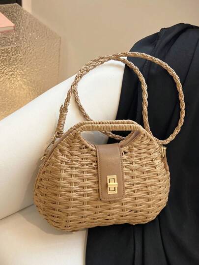 时尚简约编织贝壳女士手提包，便携式转锁单肩斜挎包，适合度假旅行，时尚柳条包