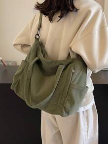 Bolso de mano de pana de unicolor para mujer, de gran capacidad, para ir a la universidad, al trabajo o de compras, con asa de hombro y cruzada, simple y práctico