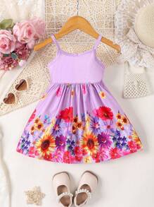嬰兒女孩花卉印花拼接肩帶裙，夏季 - 紫色 - 查看 1