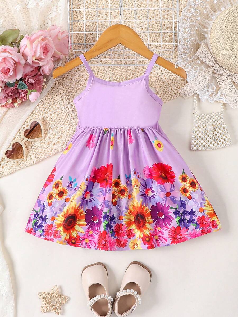 嬰兒女孩花卉印花拼接肩帶裙，夏季 - 紫色 - 查看 1