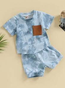Baby Boy Short-Sleeve Blue Tie-Dye Top With Brown Pocket And Shorts Set - Baby Blue - View 1