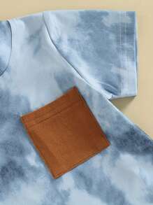 Baby Boy Short-Sleeve Blue Tie-Dye Top With Brown Pocket And Shorts Set - Baby Blue - View 3
