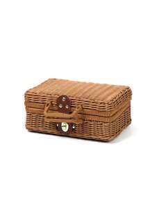 Bolso de tote de picnic compacto vintage, equipaje de almacenaje retro, caja organizadora de accesorios de fotografía, canasta de almacenaje de ratán, caja de regalo - Caqui - Ver 2