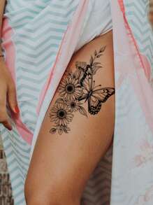 STARTTOOS 1pc Black Butterfly & Daisy Pattern Large Temporary Tattoo Sticker For Chest, Back, Abdomen,Sketch Style - Black - View 1