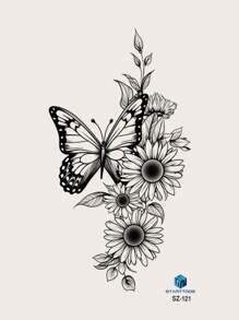 STARTTOOS 1pc Black Butterfly & Daisy Pattern Large Temporary Tattoo Sticker For Chest, Back, Abdomen,Sketch Style - Black - View 3