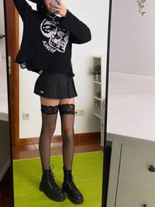 1 đôi Đen Lưới Trên đầu gối Vớ Với Xu hướng: Cắt giảm , Trang trí ren , Ngắn Chân váy Và pantyhose Đối với Hợp thời Cô gái - màu đen - Xem 2
