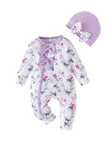 女婴长袖可爱印花纽扣连体衣+帽子 - 紫色 - 查看 7