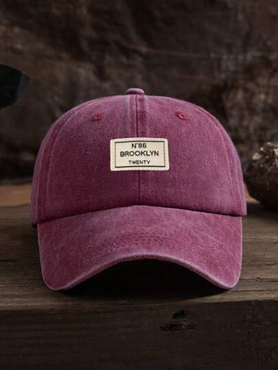 1pc Unisex Wine Red Washed Baseball Cap With Logo Label, Outdoor Fashion Adjustable Hat Street