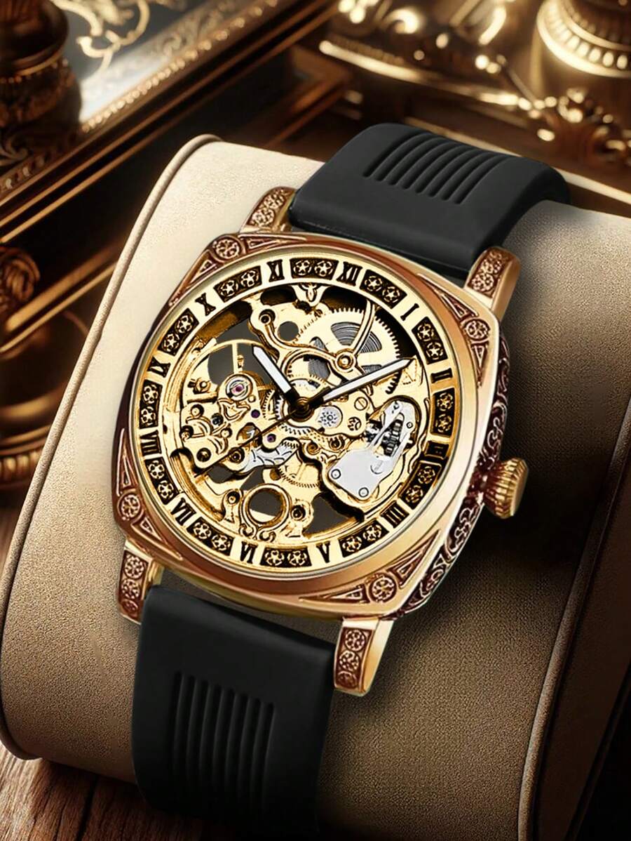 1入男士高級金色鑽空&夜光裝飾自動機械手表,適合商務或休閒穿著