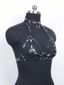 1入女士極簡主義pu皮裝飾頸掛式胸帶和腰帶 - 黑色 - 查看 4