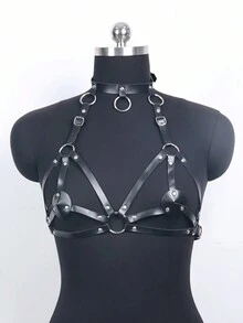 1入女士極簡主義pu皮裝飾頸掛式胸帶和腰帶 - 黑色 - 查看 2