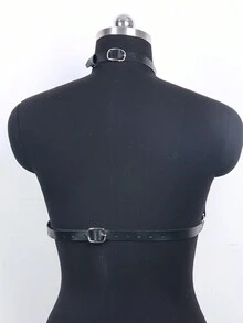 1入女士極簡主義pu皮裝飾頸掛式胸帶和腰帶 - 黑色 - 查看 5