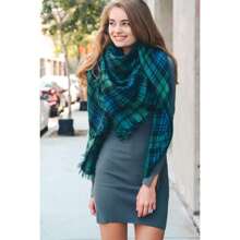 Flannel Frayed Edge Blanket Scarf - 綠藍 - 查看 1